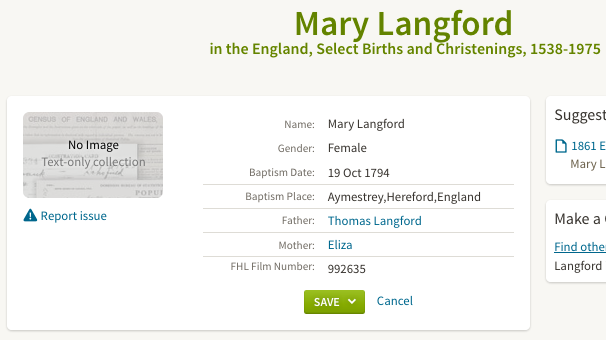 Birth 1794 Mary Langford Aymestreywho married James Morgan