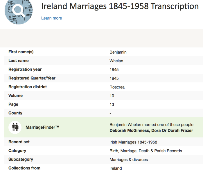 Marriage 1845 Benjamin Whelan and Dora Frazer